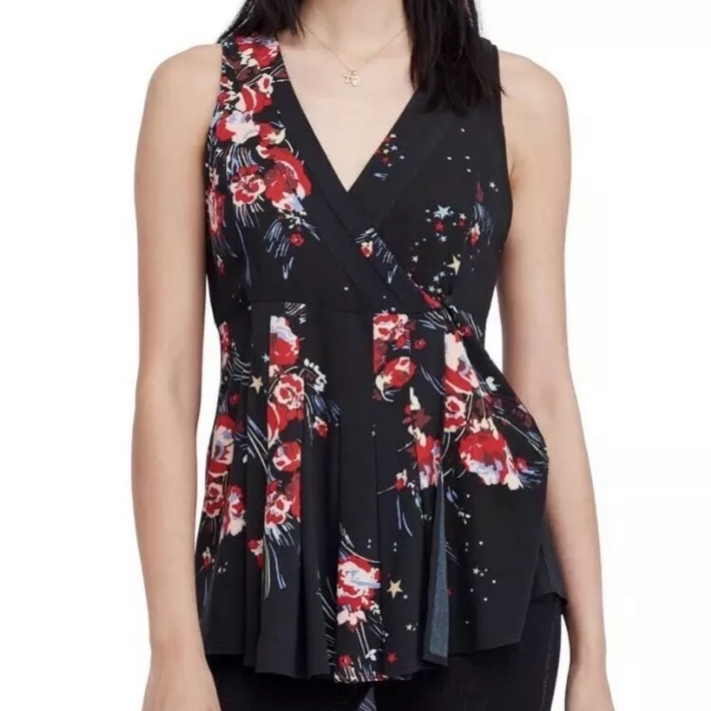 Free People Wrap Top Tank Floral Black Star Boho Sleeveless V-neck Tunic NWT NEW